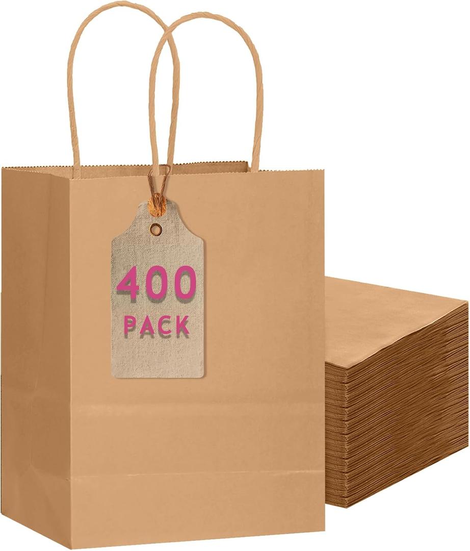 qiqee 400-Packs Brown Paper Gift Bags with Handles Bulk 10.6"x8.3"x4.3" Medium Size Paper Bags Multiple Uses