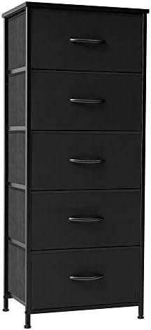 Crestlive Products Vertical Dresser Storage Tower - Sturdy Steel Frame, Wood Top, Easy Pull Fabric Bins - Organizer Unit for Bedroom, Hallway, Entryway, Closets - 5 Drawers(Black)