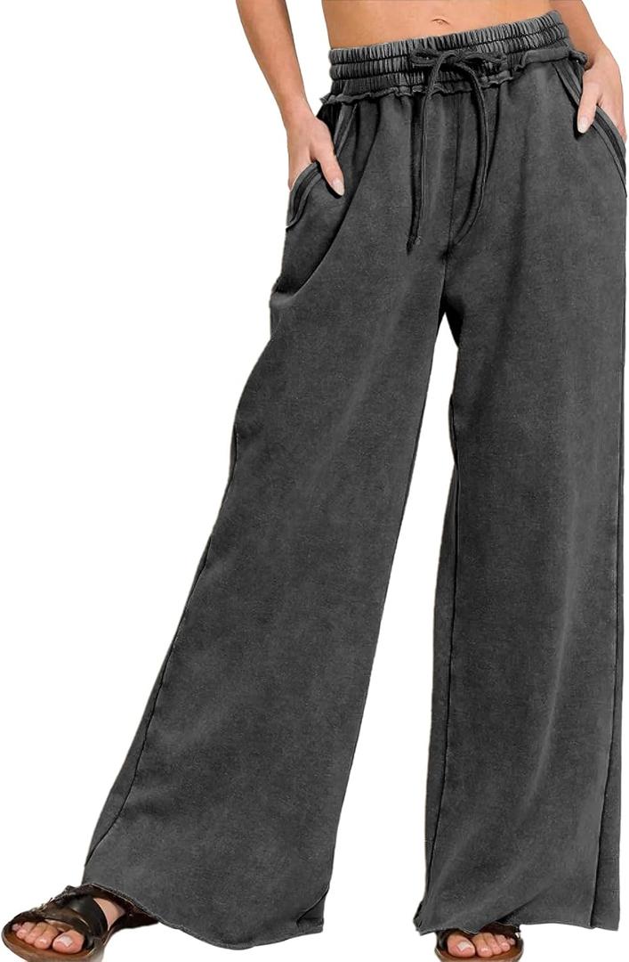 Ainangua Women Acid Wash Palazzo Sweatpants Casual High Waist Drawstring Wide Leg Pants Baggy Fleece Trousers with Pockets (Large, Black)