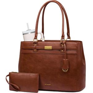 LOVEVOOK Laptop Tote Bag for Women, Waterproof Leather Work Computer Bag, Large Office Briefcase Shoulder Handbag Purse (Medium, Brown)