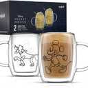 JoyJolt Aroma Disney Mickey and Pluto 13.5oz Glass Coffee Cups Set - 2 Insulated Double Wall Mugs, Large Espresso Cups - Unique Disney Cups