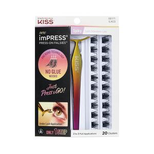 Kiss Impress Falsies Press On Self Adhesive Eyelashes, 12mm-14mm Glam Volume Press On Lashes, Black, No Glue Needed, Invisible Band, 20 Lash Clusters & Non-Stick Applicator - Spiky