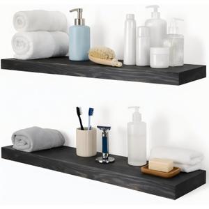 Wood Floating Shelves 36 inch Long Set of 2,8 inch deep Solid Wood Wall Mounted Shelves for Living Room Kitchen,Book Shelf for Wall with Hidden Bracket- Black