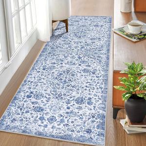 Runners for Hallways 2x6 Kitchen Rugs with Non-Slip Backing Washable Soft Floral Bathroom Runner Rug, Low Pile Easy-Clean Carpet for Kitchen, Laundry, Bedroom, Living Room, Blue