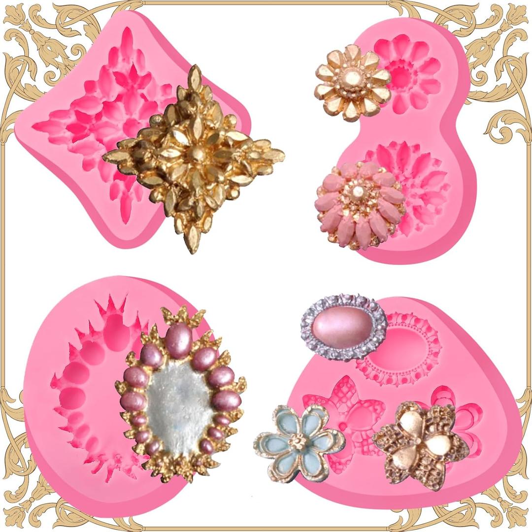 European Vintage Jewelry Fondant Molds 4 pcs, Baroque Scroll Relief Chocolate Cake Decoration Silicone Molds, for Cupcake Toppers, Candy, Butter, Flower Paste, Clay, Resin Crafts