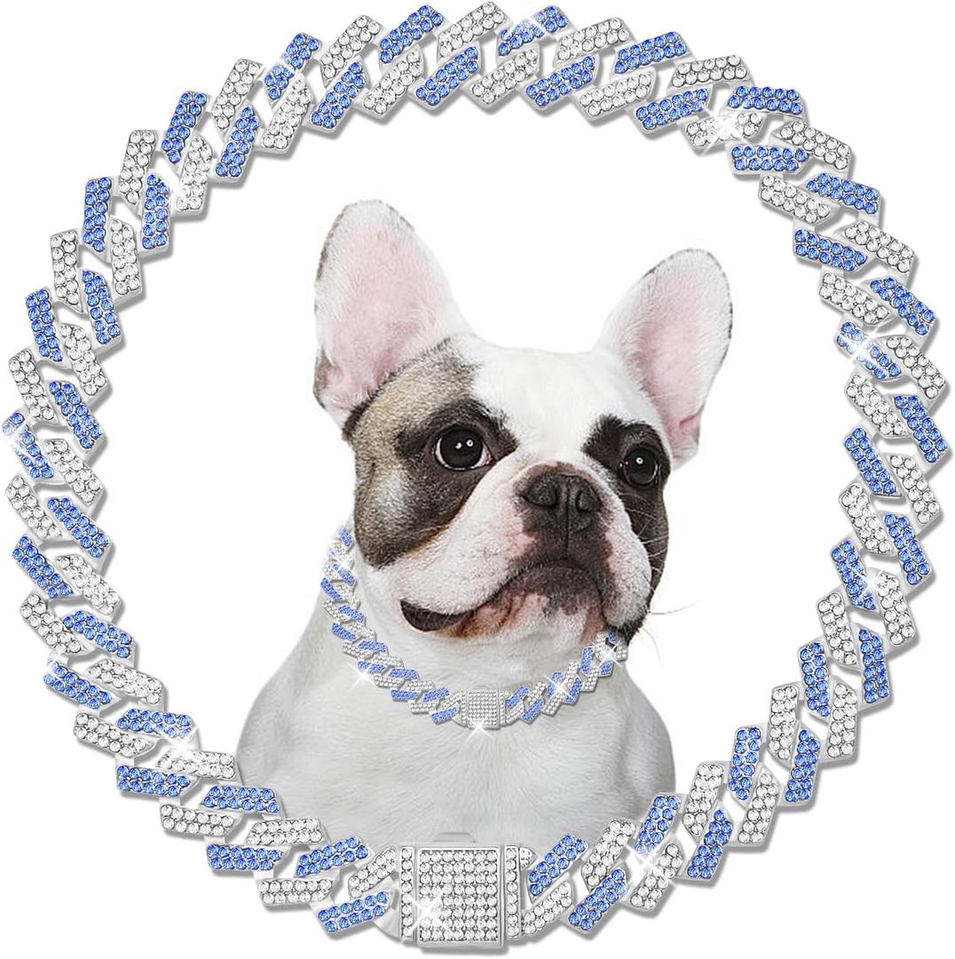 Metal Diamond Dog Chain Dog Training Chain with Secure Buckle Pet Collars for Large Medium Dogs (26in, Blue white)