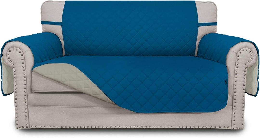Easy-Going Reversible Loveseat Couch Cover for 2 Cushion Couch Sofa Cover for Dogs Water Resistant Furniture Protector with Foam Sticks Elastic Straps for Pet (Loveseat, PeacockBlue/Beige)