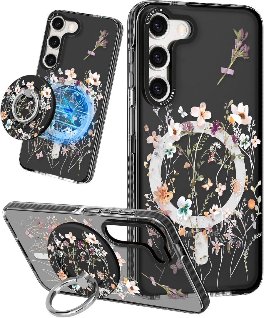 Samsung Galaxy S23 Case for Women - Girls Cute Design Compatible with Magsafe Magnetic Ring Holder Stand Foral Flower Phone Covers Aesthetic Girly TPU Funda for S23