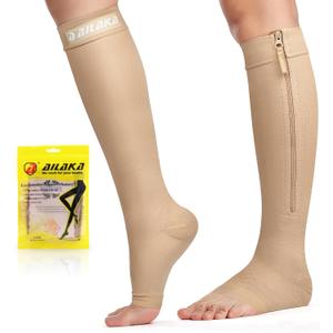 Ailaka Zipper Compression Socks for Women Men, 20-30 mmHg Open Toe Compression Socks Knee High, Ted Hose Compression Stockings for Edema, Varicose Veins (X-Large (1 Pair))
