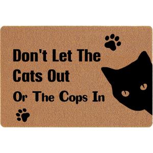 Cat Doormat Don't Let The Cats Out or The Cops in Funny Welcome Doormat for Inside Entrance Home Easy to Clean Waterproof Rubber Coir Door Mats Cute Decor Shoe Mat 23.6x15.7 in