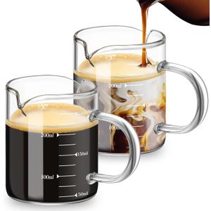 Patelai 2 Pcs 8oz Espresso Cups, Glass Measuring Cups with Double Spouts & Handle, Milk Frothed Cup Coffee Bars Accessories for Machine, Scale Glass Jars for Coffee, Water, Yogurt, Juice, Oil, 250ml