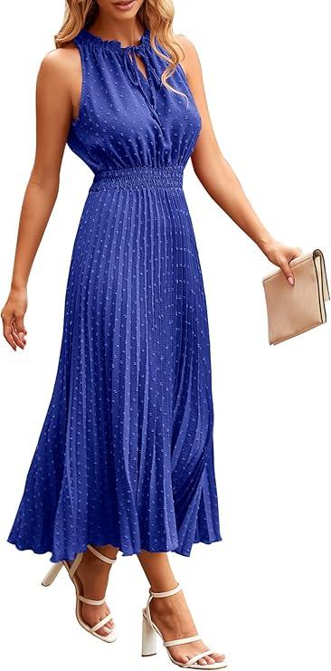PRETTYGARDEN Women's Midi Summer Dresses Casual V Neck Swiss Dot Ruffle Sleeveless A Line Beach Sun Dress (Blue, Small)