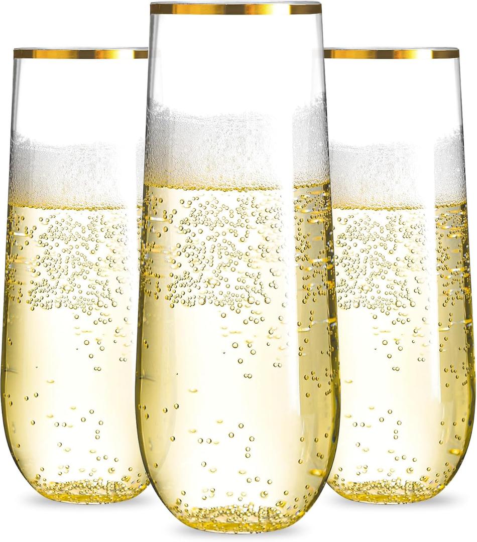 N9R 36PCS Plastic Champagne Flutes, 9 Oz Stemless Disposable Gold Rim Toasting Glasses, Crystal Clear Cocktail Cups Drinkware Shatterproof Ideal for Party Wedding Birthday, 36 Count