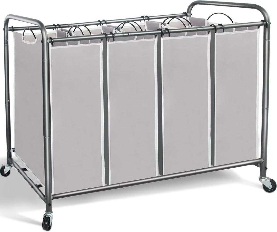 STORAGE MANIAC Laundry Sorter 4 Section, 47.8 Gal (181 L) Laundry Hamper with Wheels, Clothes Divider Basket Sorter, Clothes Separator Hamper Cart with Wheels and Removable Bags, Gray