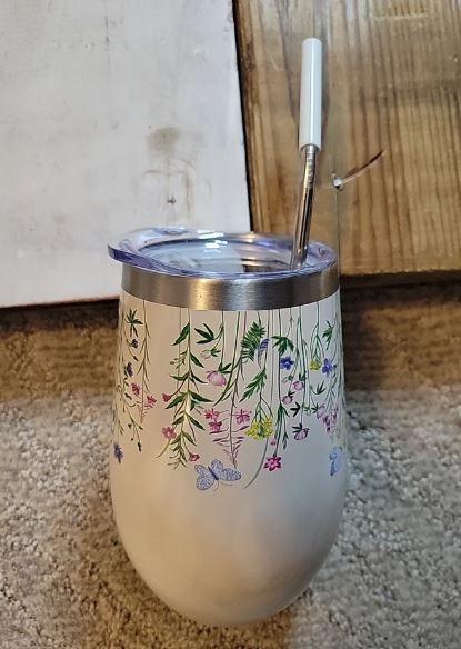 MANNA 17oz Metal Wine Tumbler With Lid And Straw Gray Floral