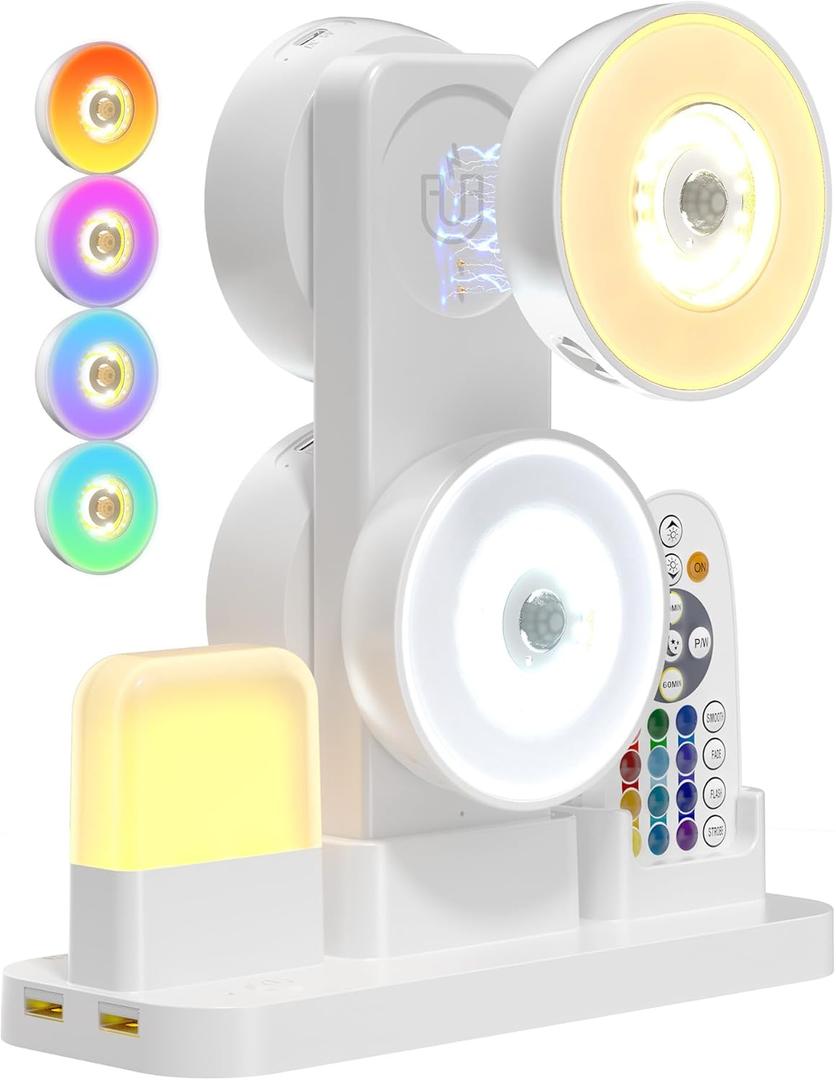 4 Pack Under Cabinet Lights with Charging Station, Rechargeable Under Cabinet Lighting with Remote, 3 Color Temps & 12 RGB, Dimmable Motion Sensor Lights for Kitchen, Pantry and Shelf (White)