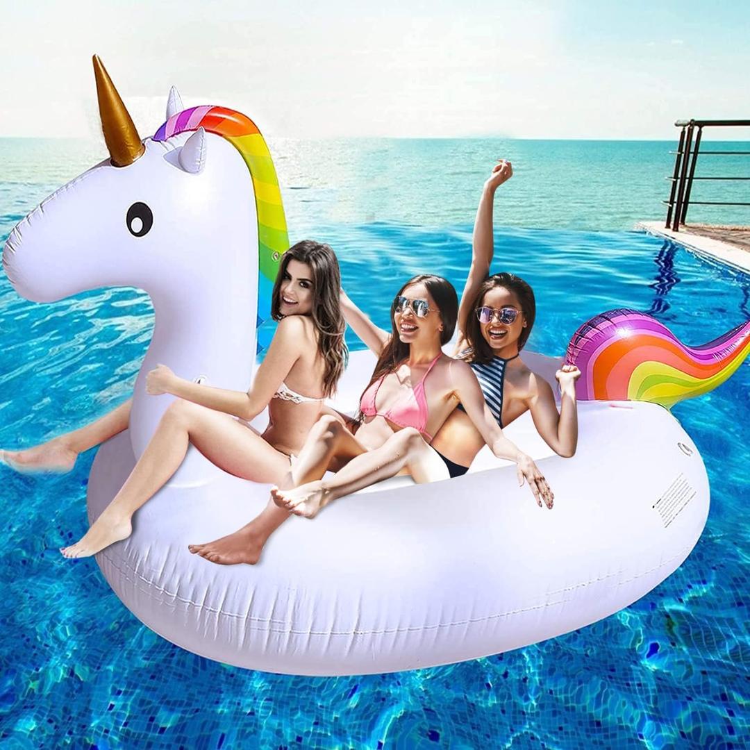 TURNMEON 102" Giant Unicorn Pool Float Inflatable Summer Beach Float Swimming Pool Party Toys Ride-on Lounge Raft Water Pool Floatie for 2-4 Multi Players Adults Lake Floats, Flamingo/Unicorn