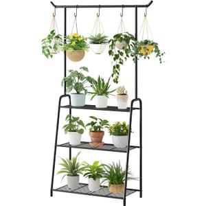 Kitsanery Plant Stand Indoor Outdoor,Metal Plant Stands for Multiple Plants,3 Tier Tall Hanging Plant Shelf,Large Heavy Duty Flower Holder Ladder Plant for Living Room, Patio, Balcony (Black)