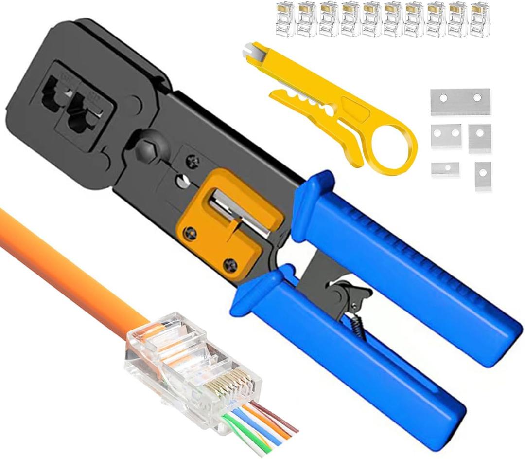 Pass Through RJ45 Crimp Tool, Ratcheting Ethernet Crimping Tool Kit, Ethernet Crimper for RJ45 Pass Through Connector and RJ11/RJ12 connectors