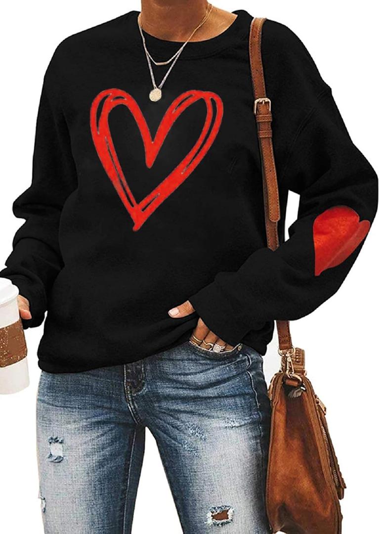 Valentine's Day Long Sleeve Sweatshirts Women Love Heart Print Graphic Shirts Pullover Tops Casual Blouse (1 Black Heart)