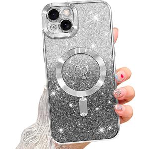 NITITOP Compatible with iPhone 14 Case Cute Clear Glitter [Compatible for MagSafe] Sparkle Bling Magnetic Plating Heart Girl Women Electroplated Frame Camera Protection Back Cover - Silver