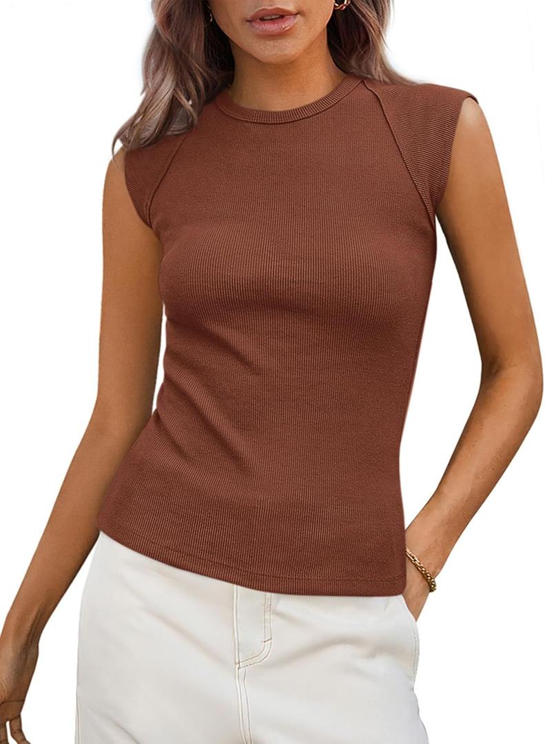 PRETTYGARDEN Women's Ribbed Tank Tops 2025 Summer Cap Sleeve Slim Fitted Knit Basic Casual Tee Shirts Trendy Fashion Clothes (Brown, Small)