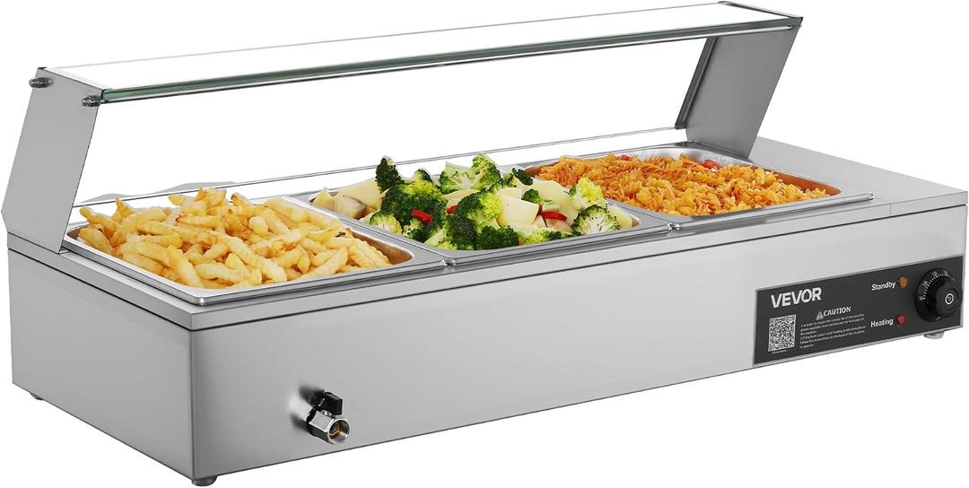 VEVOR Commercial Food Warmer, 1500W Electric Stainless Steel Steam Food Warmer with Glass Cover, Countertop Buffet Bain Marie with Three 1/2 Size Food Pans, for Catering, Restaurant, Party & Buffets