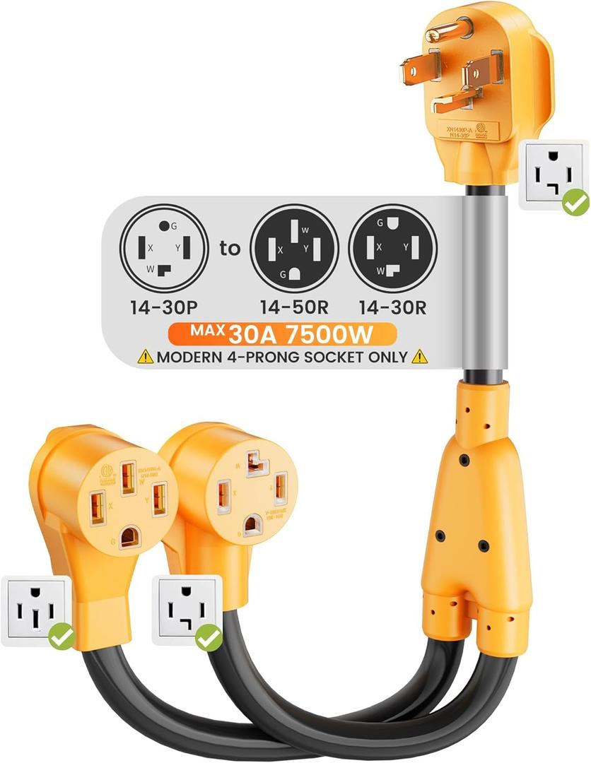 MECMO NEMA 14-30P to 14-50R EV and 14-30R 4-Prong Dryer Outlet Splitter for Modern 14-30R Receptacles Only, One Device at a Time Max 30A Shared, 24A Level 2 EV Charging, ETL Listed