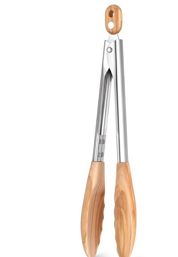 Olive Wooden Kitchen Tongs for Cooking Wooden Utensil Set Salad Tongs with Wood Tips for Serving Salad Flipping Burgers Grilling and Much More, 11.4 Inch