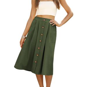 Naggoo Womens Summer Skirts Casual Front Button A-Line High Waisted Midi Skirt with Pockets, M
