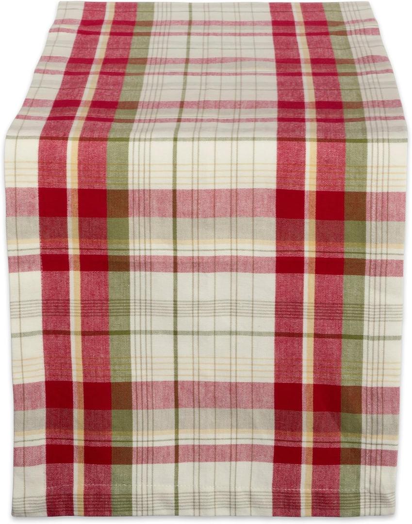 DII Orchard Plaid Collection Linen Tabletop Essentials, Table Runner, 14x108, Taupe/Red