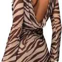Verdusa Women's Animal Print Dress Draped Backless Mesh Mini Dresses Going Out Festival Rave Party Outfits (Brown, M)