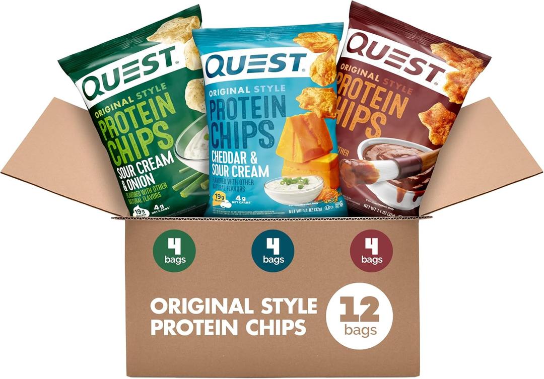 Quest Nutrition Protein Chips Variety Pack, BBQ, Cheddar & Sour Cream, Sour Cream & Onion, High Protein, Low Carb, 1.1 oz (Pack of 12), BBD: 11/13/26