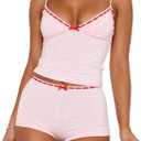 RUEWEY Women 2 Pieces Pajamas Set Bow Loungewear V-Neck Sleeveless Cami Tops and Shorts Sleepwear Outfits (Large, Pink)