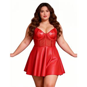 ohyeah Underwire Faux Leather Dress Sexy Lingerie Set for Women Red Mini Dress Spaghetti Club Dresses,XXL (Red, XXL)