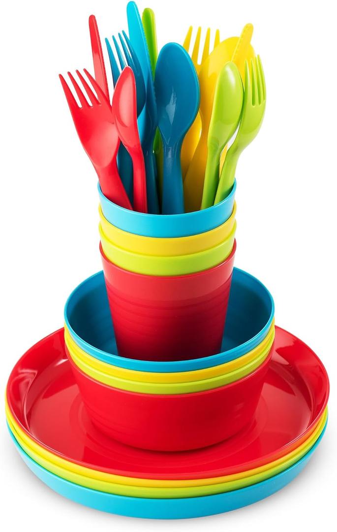 Plaskidy Kids Dinnerware Set for 4-24 Piece Plastic Childrens Dishes Dinnerware Sets Microwave/Dishwasher Safe BPA Free - Toddler Dinner Set Includes Kids Plates and Bowls Kids Cups Flatware Set