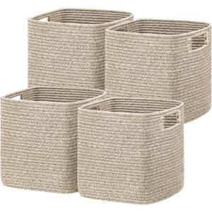 UBBCARE Set of 4 Storage Basket-12 X 12 X 12 in, Cotton Rope Basket for Shelves, Toys, Book, Cube Storage Bins with Handles, Woven Storage Baskets for Organizing, Mix-Brown