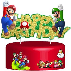 14 x Gold Glitter Mario Cake Topper, Happy Birthday Cake Toppers, Birthday Party and Movie Themed Party Supplies., 7.2 x 4 inches