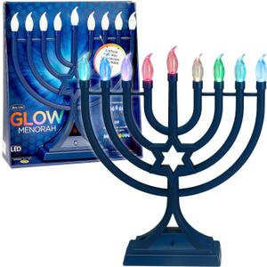 LED Electric Blue Hanukkah Menorah with Special Effects - Battery/USB Powered, Star of David, 4 Lighting/Blinking Modes, Large LED Bulbs, Chanukah Traditional Electric Menorahs - Navy Blue