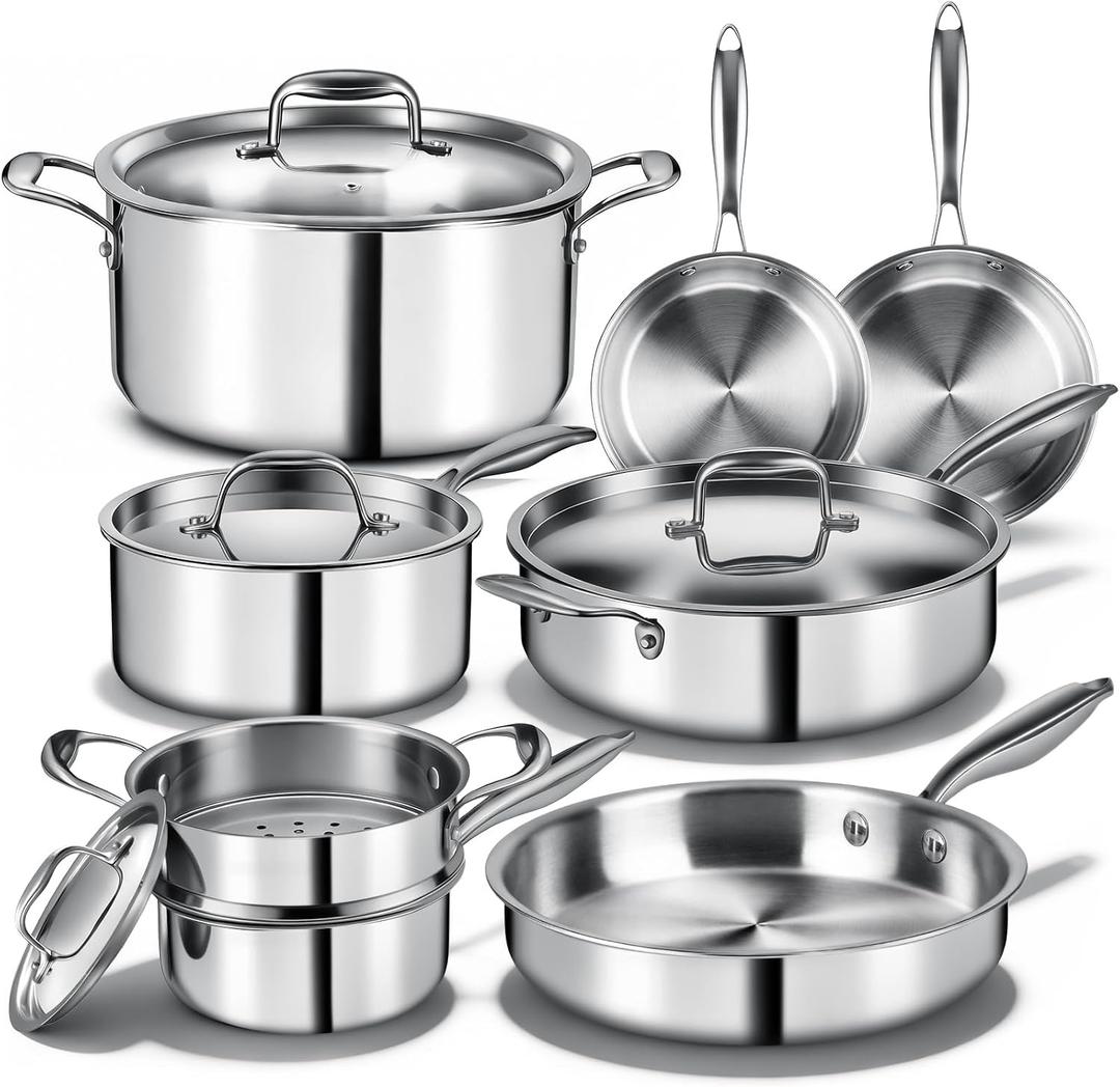Triple Ply Stainless Steel Pots and Pans Set, EWFEN 12 Piece Induction Cookware Set, Oven Dishwasher Safe | Frying Pans, Saucepans, Saute Pan & Stock Pot, PFOA Free Kitchen Skillet