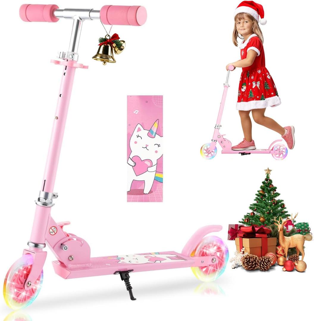 Scooter for Kids Ages 3-12 - Kids Kick Scooters with Led Light Up Wheels & 3 Levels Adjustable Handlebar, Lightweight Foldable 2 Wheel Girly Pink Scooter, Christmas Birthday Gifts for Girls Boys