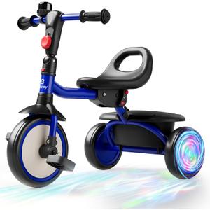 besrey Kids Tricycle with Flash Wheels for Ages 18 Months to 5 Years, Toddler Tricycle with Bell, Kids Tricycle, Gift for 2-5 Year Olds, Gift and Toy for Boys and Girls, Tricycle for Toddlers, Blue (Blue Flash Wheel)