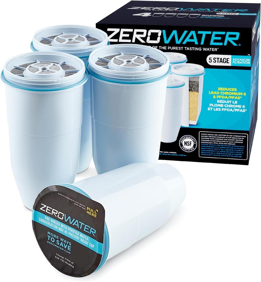 ZeroWater Official Replacement Filter  5Stage 0 TDS Water Filter Replacement IAPMO Certified to Reduce Lead, Chromium, and PFOA/PFOS 4Pack