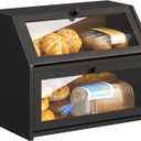 BMOSU Farmhouse Bread Box for Kitchen Countertop Bread box Double Layer Bamboo Wooden Extra Large Capacity Bin Kitchen Food Storage Container(Black)