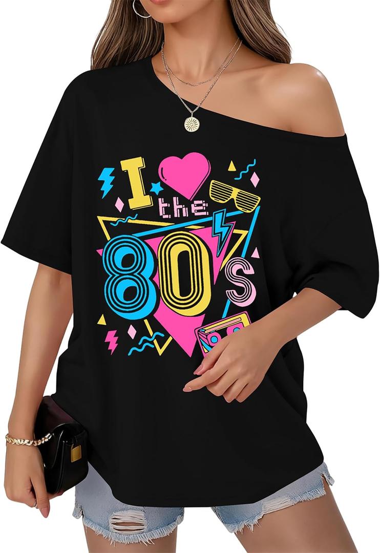 80s Shirts for Women Oversized Retro Off The Shoulder Top Disco 80s 90s Theme Party Outfit (Black, L)