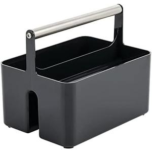 mDesign Plastic Shower Caddy Storage Organizer Utility Tote, Divided Basket Bin - Metal Handle for Bathroom, Dorm, Kitchen, Holds Soap, Shampoo, Conditioner - Aura Collection - Black/Brushed Chrome