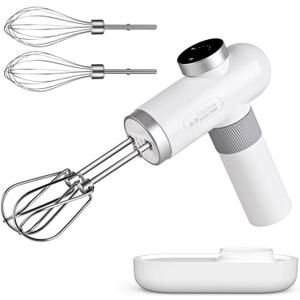 Kitchen in the box Cordless Rechargeable Hand Mixer for Kitchen, Portable Handheld Electric Mixer with Beaters, Whisks, 6-Speed Digital Display, Charging Base and USB-C Charge Cable (Pearl White)