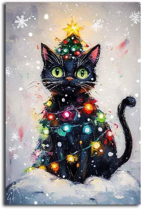 MNFGMH Black Cat Christmas Tree Canvas Painting Merry Christmas Cute Cat Poster Funny Xmas Home Decor Holiday Gift For Christmas Canvas Roll 16x24 inch (Color4-Unframed)