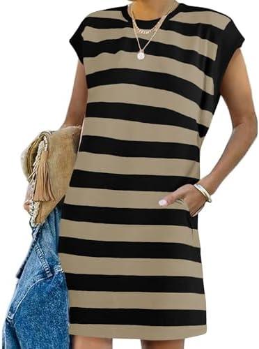 Naggoo Womens Summer Striped T Shirt Dress Crew Neck Cap Sleeve Color Block Casual A Line Short Dresses with Pockets. S