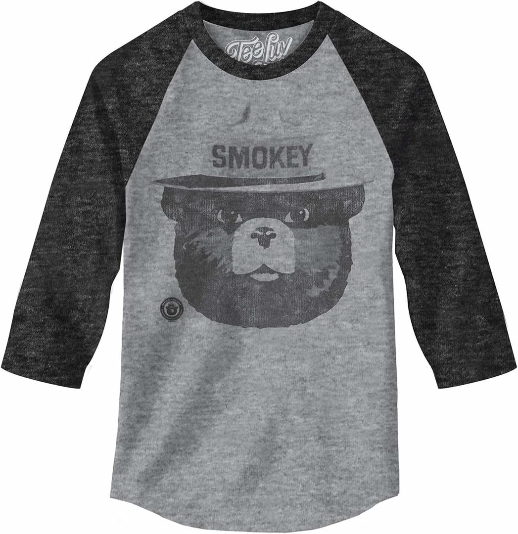 Tee Luv Men's Smokey Bear Raglan Jersey - Smokey Bear 3/4 Sleeve Shirt (X-Large, Grey Heather/Onyx-black)